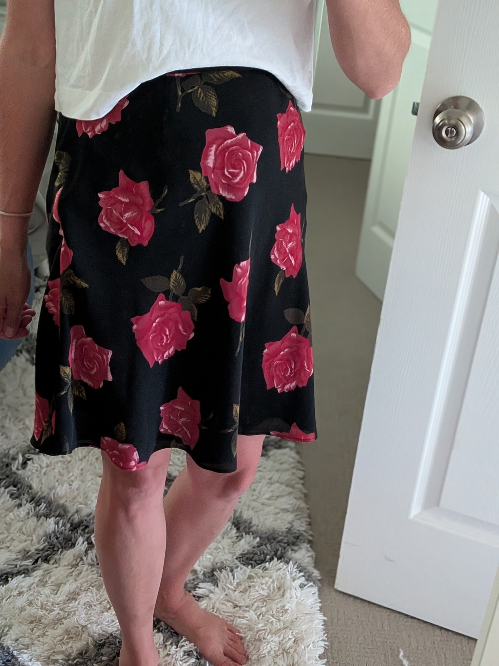 Floral Midi Skirt - Black with Pink Roses